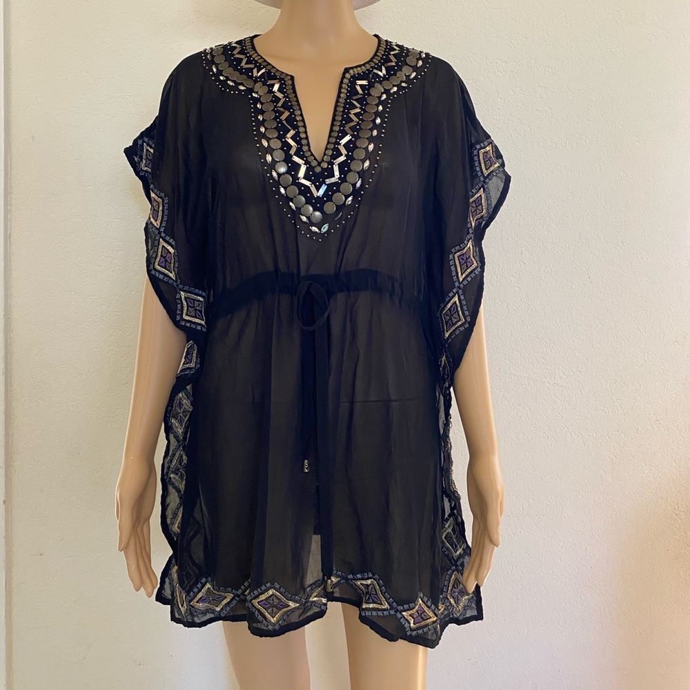 TWENTYONE Black Chiffon Beaded Embellished Bohemian Sheer Tunic Size S